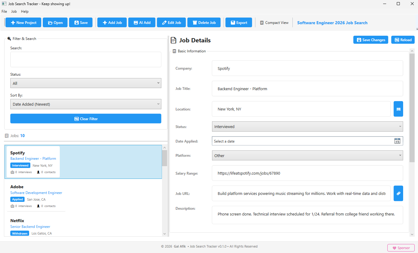 Job Search Tracker Main Window